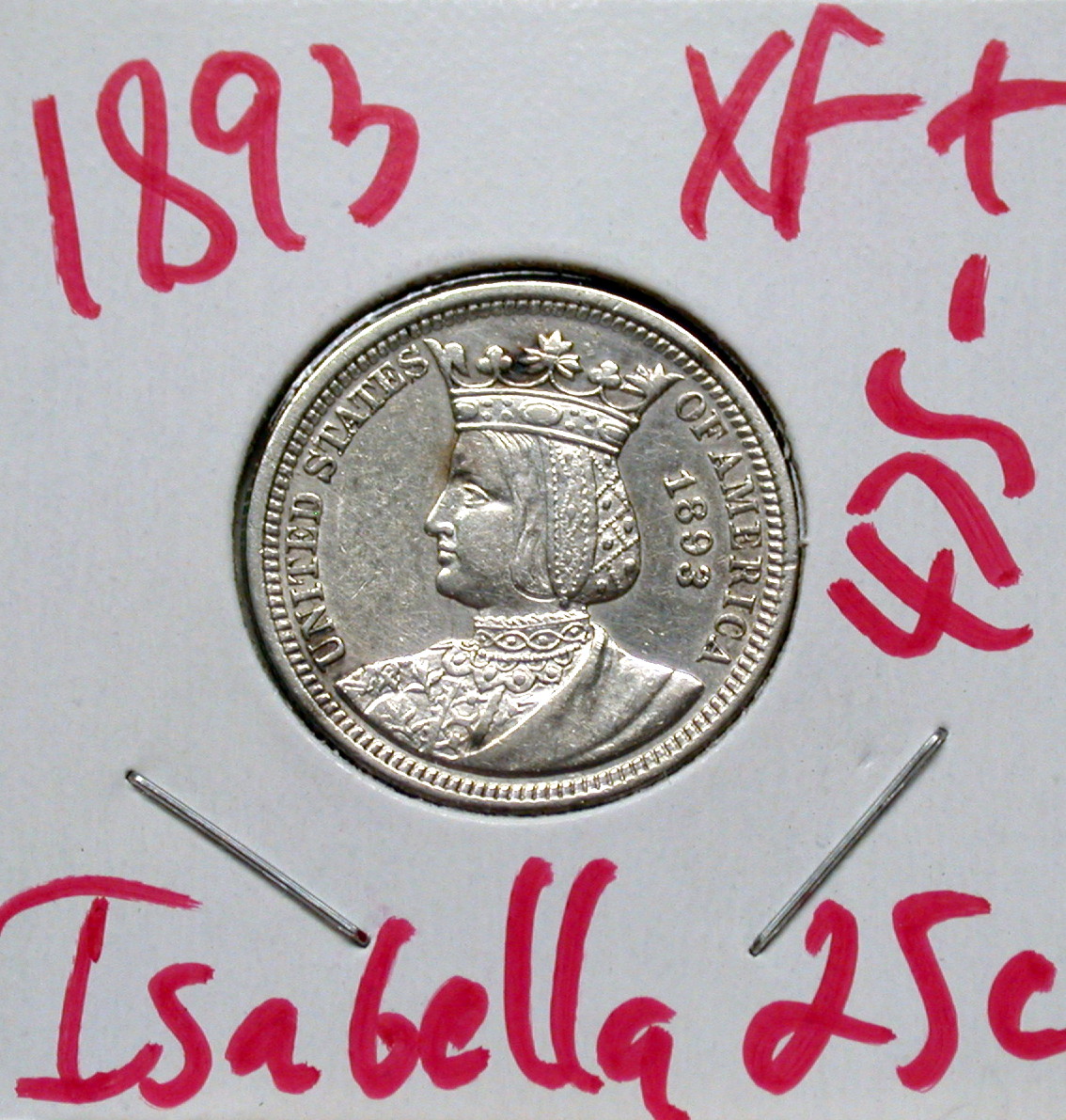 1893 Isabella Quarter in XF+ - Click Image to Close